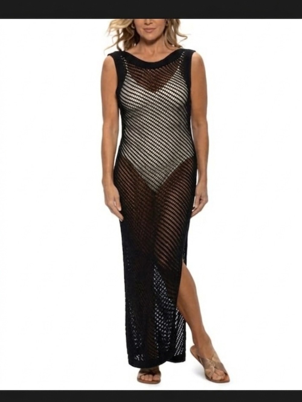 Fotti Mesh Sleeveless Black‎ Crochet Maxi Swim Cover-Up Dress Nwt Large